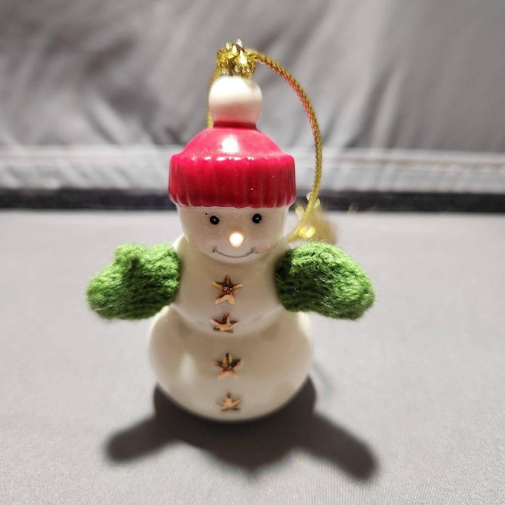 Lenox Snowman Ornament with Red Hat and Green Mittens Gold Accents